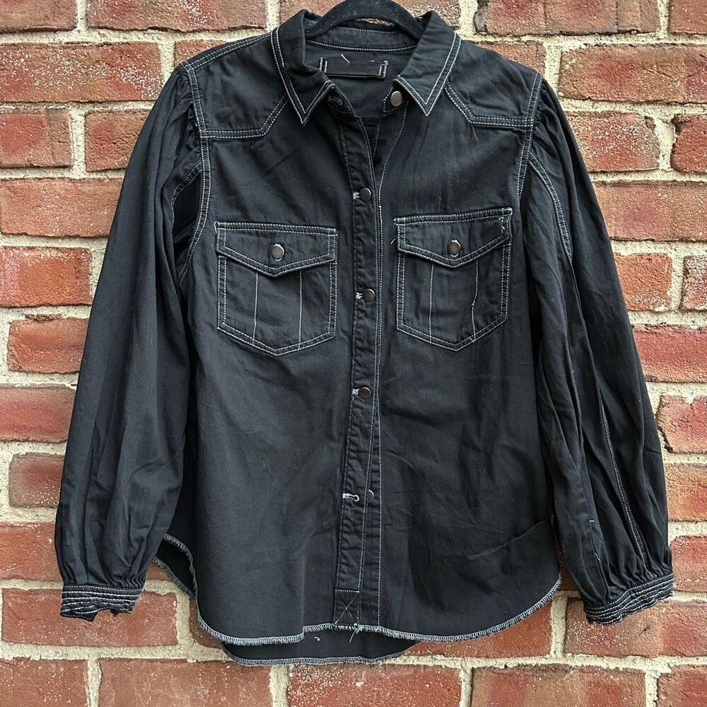 Free People Black Denim Button-Front Jean Jacket with Contrast Stitching